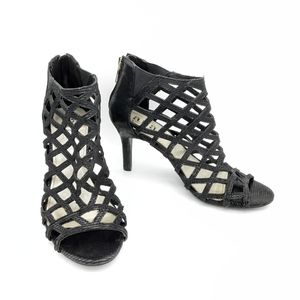 a.n.a black strappy heels weaved pumps open toe zipper back women sz 6.5